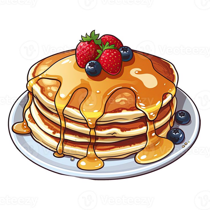 a stack of pancakes with syrup and berries on top