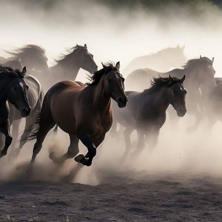 a herd of horses running across a dirt field with dust behind them and trees in the background