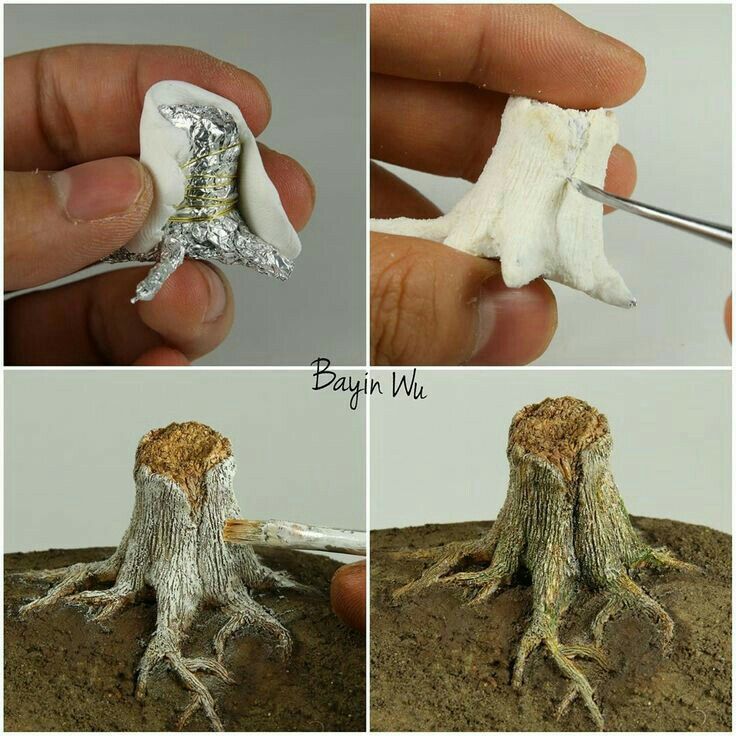 four pictures showing how to make a fake tree stump with silver foil and some scissors