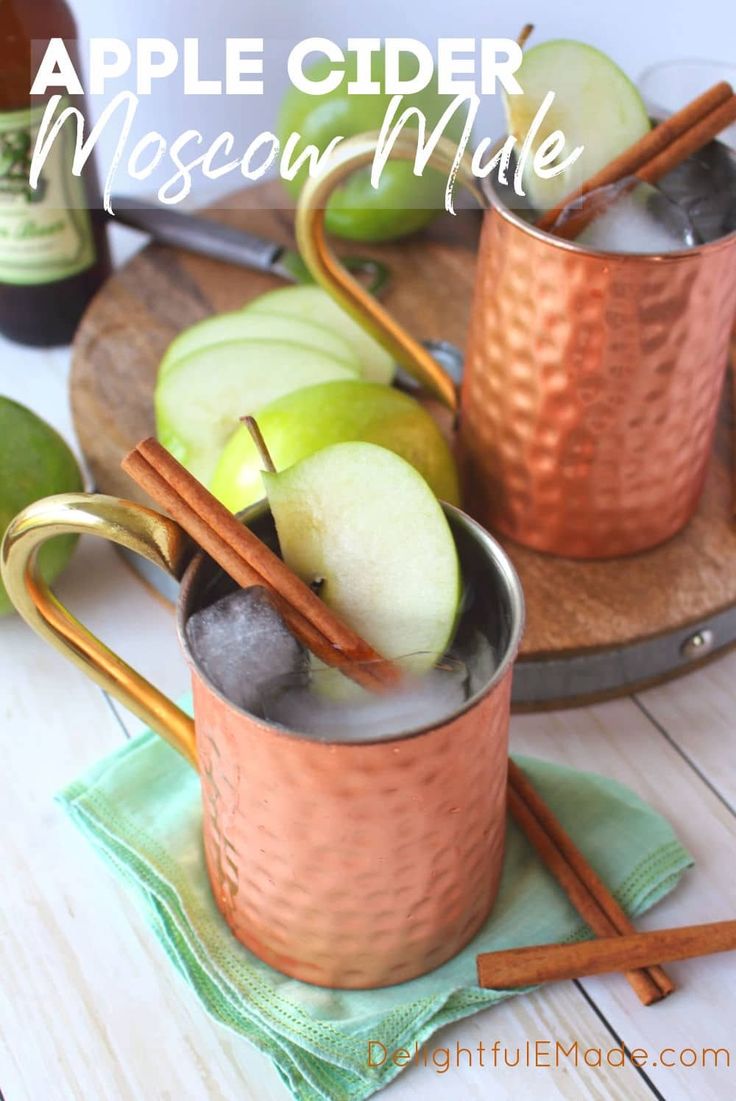 two copper mugs filled with apples and cinnamon sticks