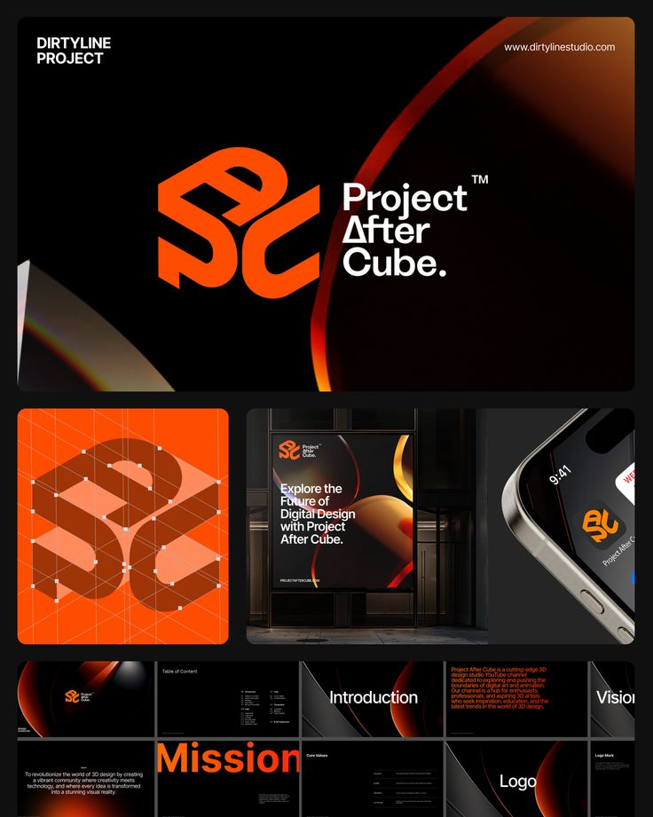 an advertisement for the project after cube, with orange and black text on it's side