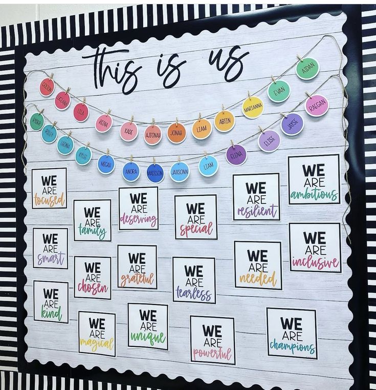 this is us bulletin board with colorful paper circles and words on it, hanging from the wall