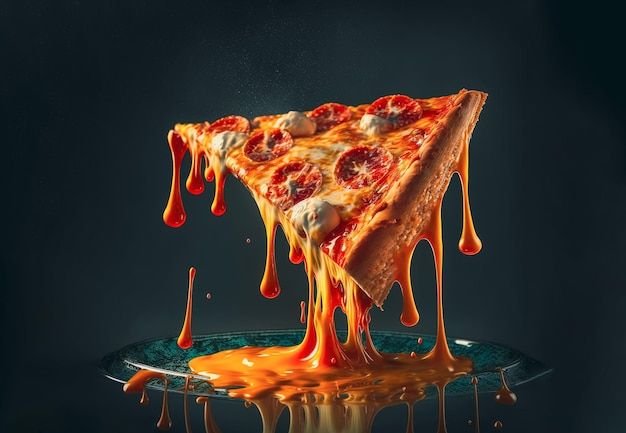 a slice of pizza with melted cheese and pepperoni on it is being lifted into the air