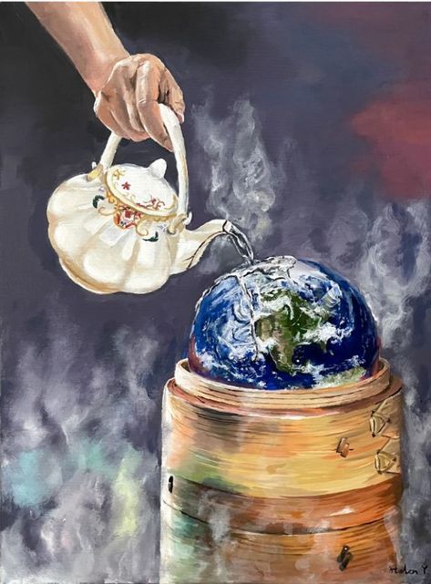 a painting of the earth being poured into a teapot by a person's hand