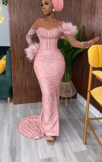 Elegant Pink Lace Nigerian Evening Dresses Sheer Long Sleeve Feathers Mermaid Prom Dress African African Wedding Reception Dress, African Wedding Reception, Prom Dress African, Nigerian Lace Styles Dress, Dresses Sheer, Nigerian Lace Styles, Nigerian Lace, Wedding Reception Dress, Mermaid Prom Dress