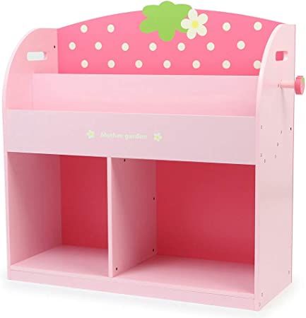 a pink toy bunk bed with polka dots on the top and bottom shelf for storage