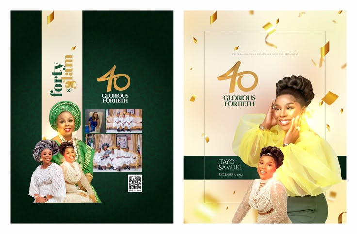 two brochures with photos of women in white dresses and gold confetti