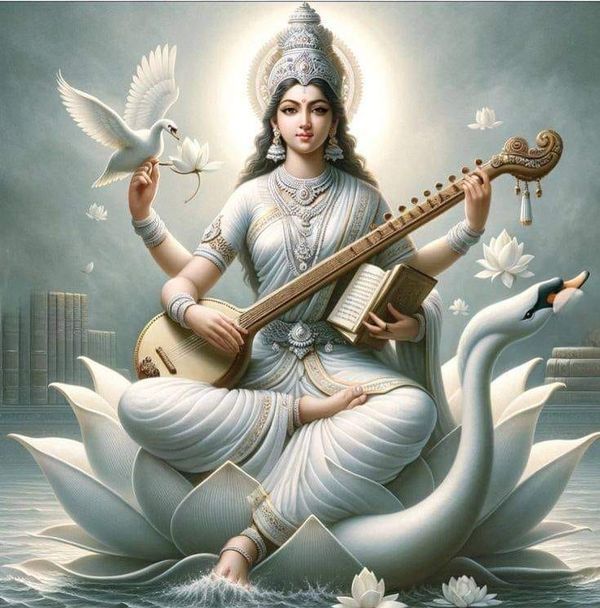 a woman sitting on top of a swan with a guitar in her lap and doves around her