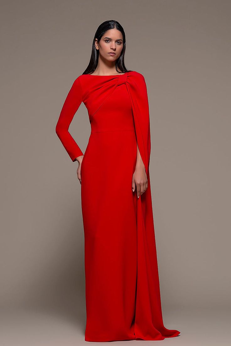 Cape Sleeve Column Dress – HerTrove Elegant Dresses With Long Sleeves, Red A-line Dress For Dinner, Elegant Red Long Sleeve Evening Dress, Red Long Sleeve Evening Dress For Formal Occasions, Long Sleeve Dresses With Draped Sleeves For Gala, Red Evening Dress With Draped Sleeves, Elegant Long Sleeve Evening Dress For Red Carpet, Fitted Long Sleeve Dress For Red Carpet, Dinner Dress With Draped Long Sleeves