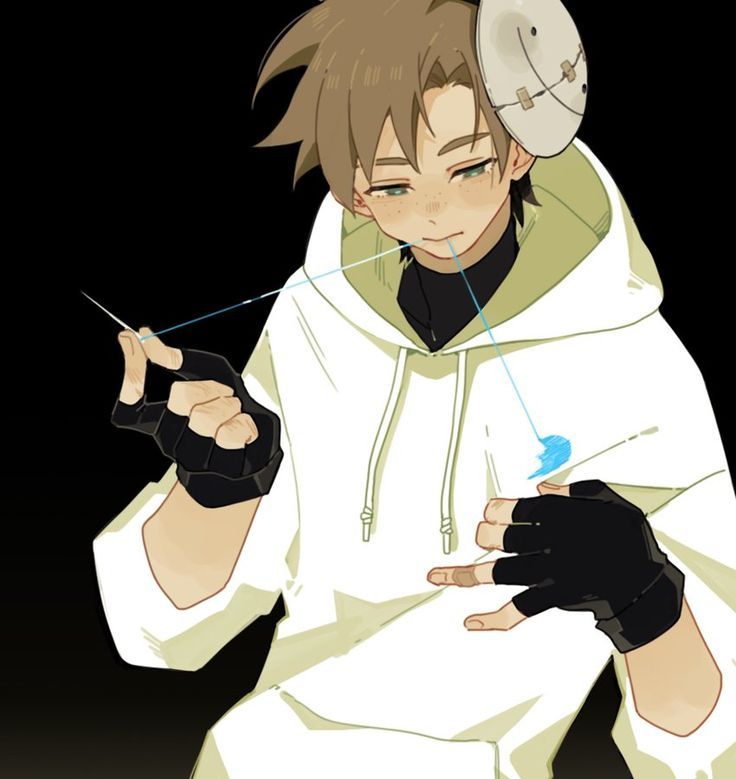 an anime character wearing black gloves and a white hoodie holding something in his hand