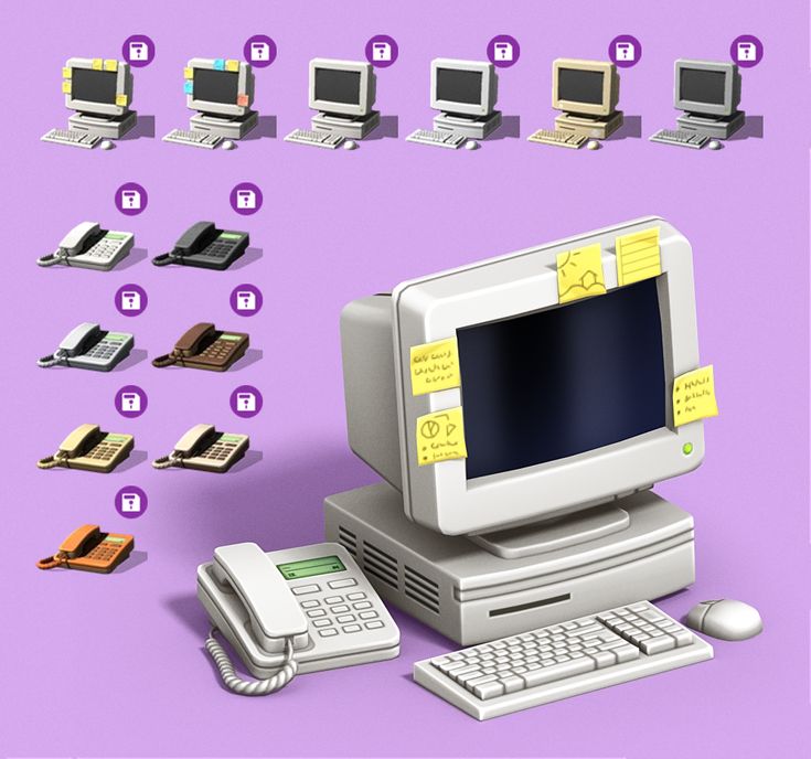 there are many different types of computers on this purple background, including one with a keyboard and mouse