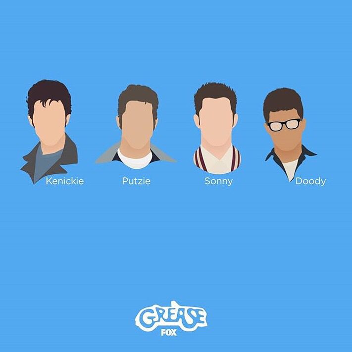 the four main characters from grease's tv series, grease and sandy on blue background