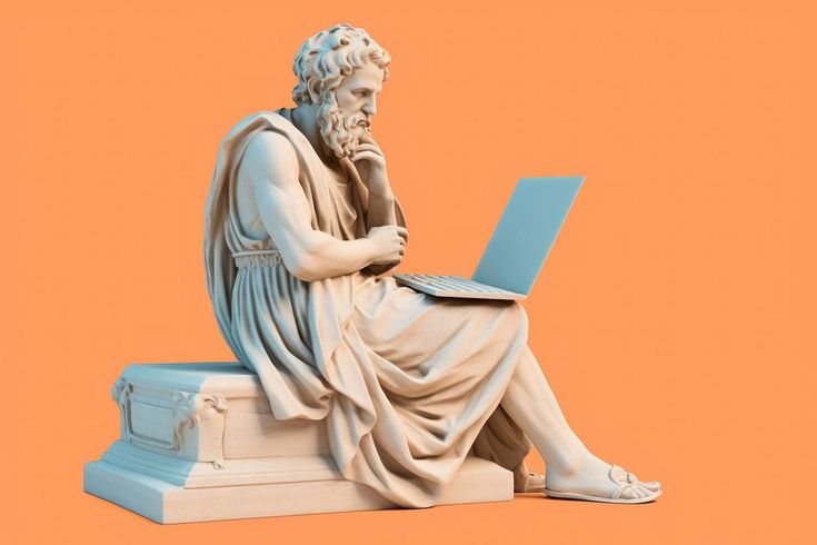 a statue of a man with a laptop on his lap