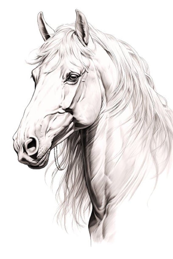 a drawing of a horse's head with long manes and white fur on it