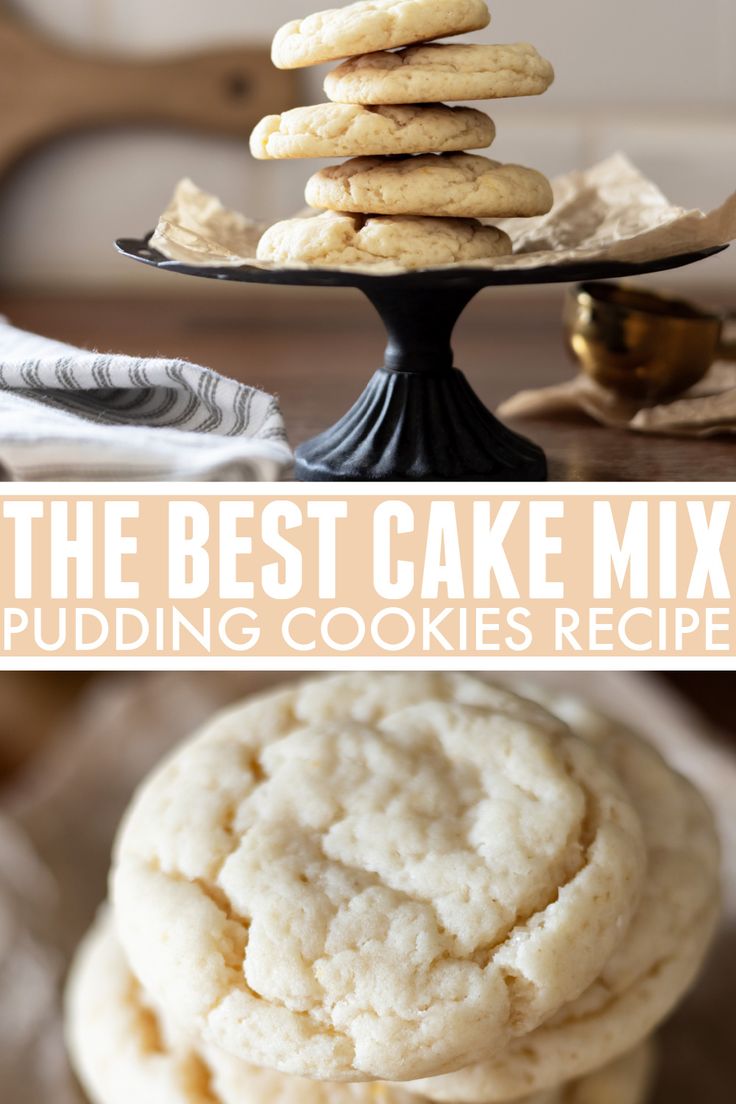 the best cake mix pudding cookies recipe on a black plate with text overlay that reads, the best cake mix pudding cookies recipe