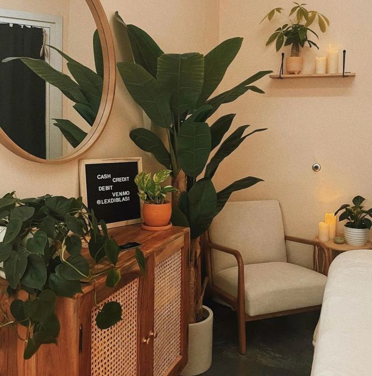 a living room filled with lots of plants next to a white couch and mirror on the wall