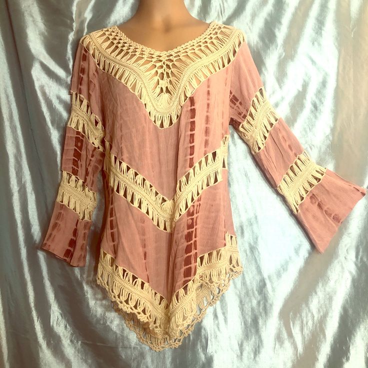 Nwt! This Flawless Mauve Hues Tie Dye Top Has Slightly Flared Sleeves In Gorgeous Lightweight Gauzy Poly Cotton Fabric, With Incredible Ivory Crochet Panels, And Pointed Front And Back Hemline. This Style Is So Flattering And Has A Back Strap To Keep It From Slipping Off The Shoulder. Original Tags, New Condition. Pairs Perfect For Beach In Cutoffs, Or Street Smart Fashion With Flared Jeans For A Hot Boho Chic Look. Length:32-35” At Longest Pointspit To Pit:21.5” Fitted V-neck Pink Crochet Top, Stretch Crochet Top For Beach, Spring Beachwear Crochet Lace Top, Summer Beach Lace Top With Crochet Trim, Spring Lace Crochet Top For Beachwear, Casual Lace Top With Crochet Trim For Beach, Stretch V-neck Crochet Top For Summer, Beach Lace Top With Crochet Trim, Beige Stretch Top With Crochet Lace