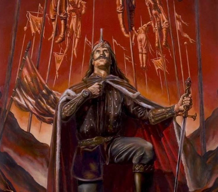 a painting of a man holding two swords in his hands and skulls on the ground