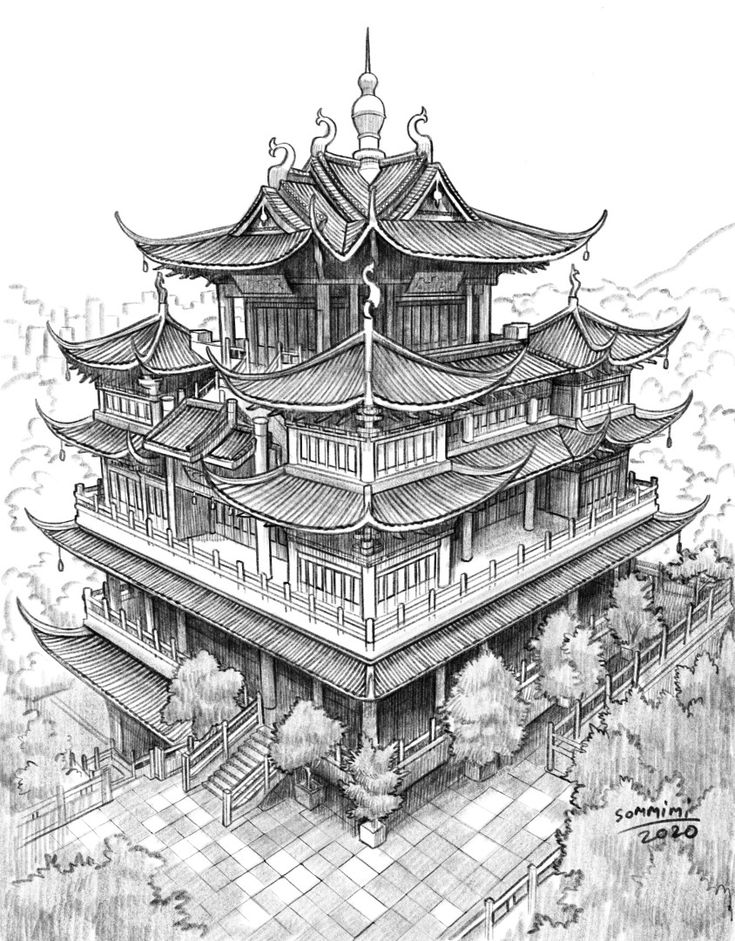 an ink drawing of a chinese building