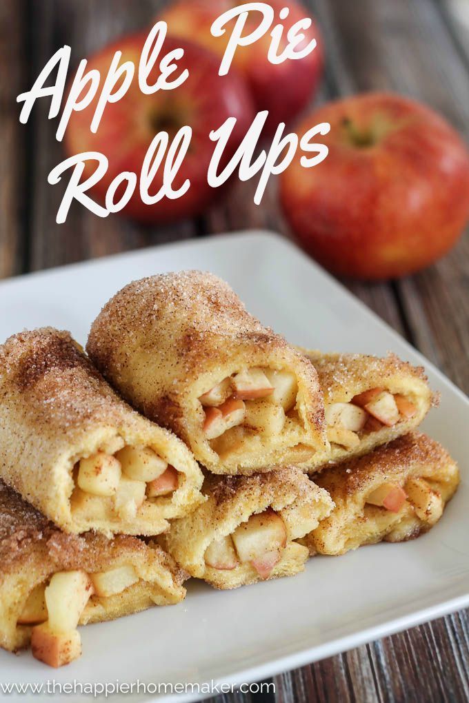 apple pie roll ups on a plate with apples in the background and text overlay