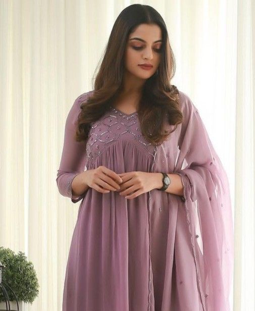 Lavender Umbrella Kurthi, New Model Churidar Designs 2023, Umbrella Kurthi Models, Churidar New Model Design, Grape Colour Churidar, Partywear Churidar Design, Churidhar Models For Wedding, Alia Cut Dresses Design Kurti, Designer Churidar Party Wear