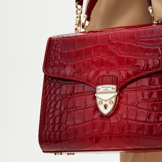 Mayfair® Bag in Deep Shine Cherry Ombre Small Croc Timeless Top Handle Formal Bag, Designer Top Handle Satchel With Hasp Closure, Designer Satchel With Hasp Closure And Top Handle, Light Luxury Formal Bags With Gold-tone Hardware, Formal Bags With Gold-tone Hardware In Light Luxury Style, Luxury Red Shoulder Bag With Turn-lock Closure, Timeless Top Handle Satchel For Everyday Luxury, Luxury Shoulder Bag With Detachable Strap, Luxury Satchel Shoulder Bag