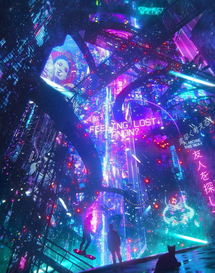 a futuristic city with neon lights and people