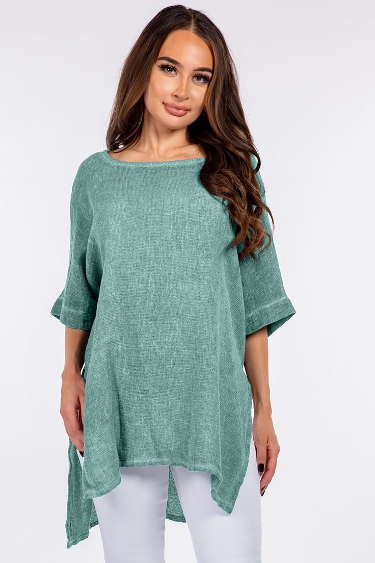 Italian Linen Side Open Tunic Top Raw Moda One Size Turquoise Casual Turquoise Short Sleeve Blouse, Green Casual Tunic For Spring, Green Casual Spring Tunic, Casual Green Tunic For Spring, Casual Turquoise Top For Spring, Oversized Green Tops With 3/4 Sleeves, Green Relaxed Fit Casual Tunic, Green Casual Relaxed Fit Tunic, Green Short Sleeve Casual Tunic