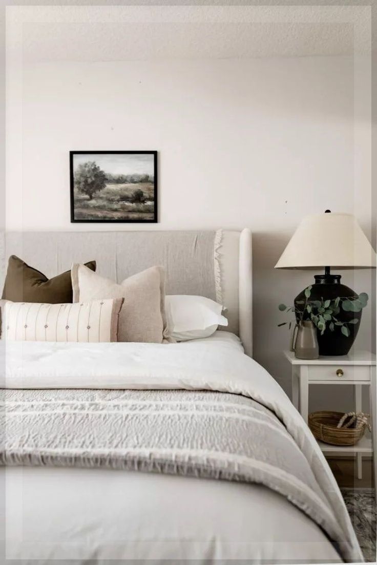 a bed with white linens and pillows in a bedroom next to a painting on the wall