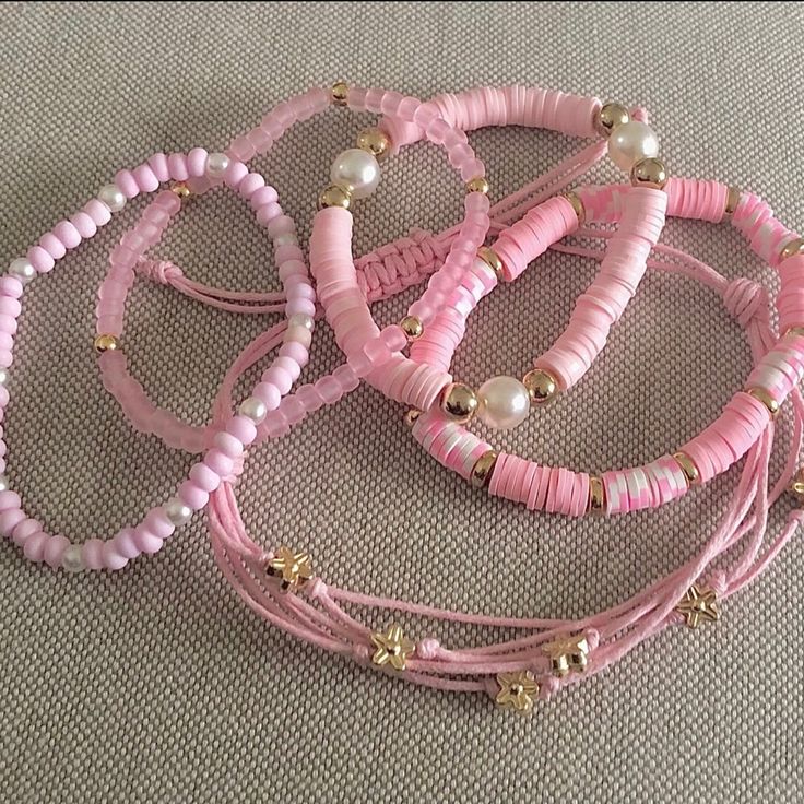 Handmade By Me, Here Is The Pink Summer 5 Bracelet Set! You Will Receive: (2) Pink Glass 4mm Bracelets (2) Clay Bead Bracelets (1) Pink Slide Closure Macrame Bracelet Each Is Distinct In Color And Style. Wear Them Alone Or Together. Perfect Pink For Summer Tans!! Size 7 All Bracelets Are Pre-Stretched, Professionally Knotted And Knots Glued. Pink Bracelets Clay Beads, Coquette Clay Bead Bracelet Ideas, Gold And Pink Bracelet, Pink Clay Bracelets, Pink Bracelet Aesthetic, Pink Clay Bead Bracelet Ideas, Bead Bracelet Inspiration, Seasonal Bracelets, Pink Bracelet Ideas