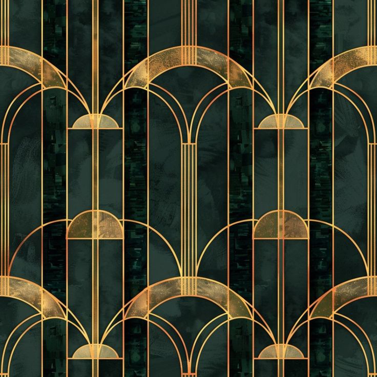 an art deco style wallpaper with gold arches and circles on a black background in shades of green