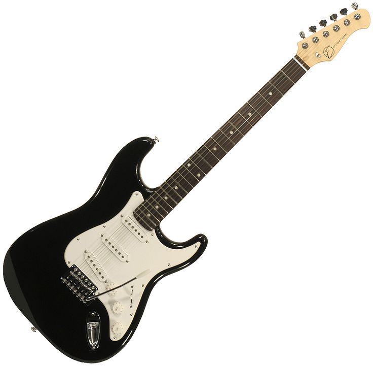 a black and white electric guitar on a white background