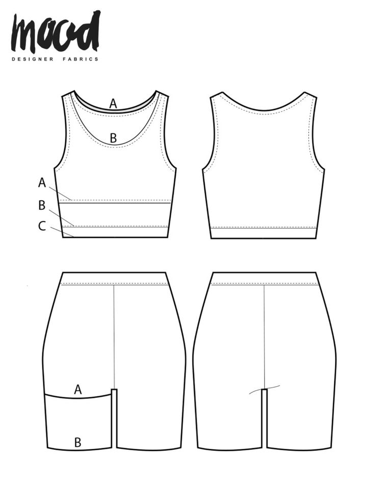 the front and back view of a women's crop top and shorts sewing pattern