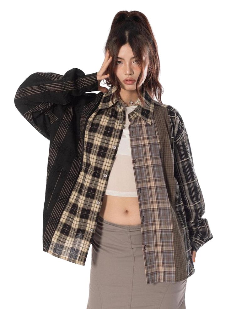 Oversized Shirt For Layering In Fall, Oversized Shirt For Fall Layering, Oversized Fall Shirt For Layering, Oversized Patchwork Shirt For Fall, Oversized Patchwork Long Sleeve Shirt, Oversized Long Sleeve Patchwork Shirt, Fall Relaxed Fit Patchwork Shirt, Y2k Summer Outfits, Plaid Shirt Women