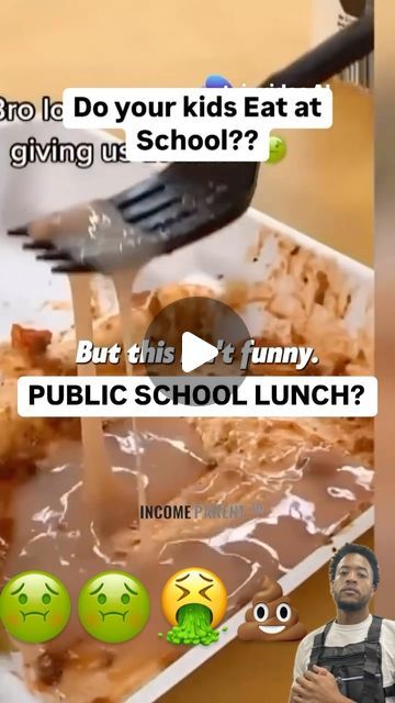 a man standing in front of a plate of food with words on it that say, do your kids eat at school? but this's funny public school lunch?