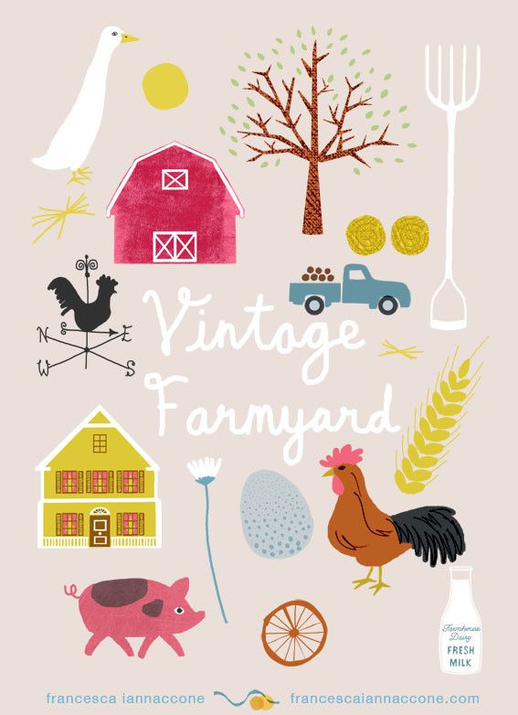 an illustrated poster with farm animals, chickens and other things on it's side