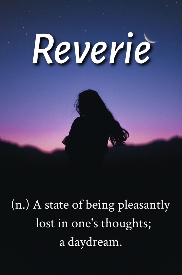 a woman standing in front of a purple sky with the words reverie on it