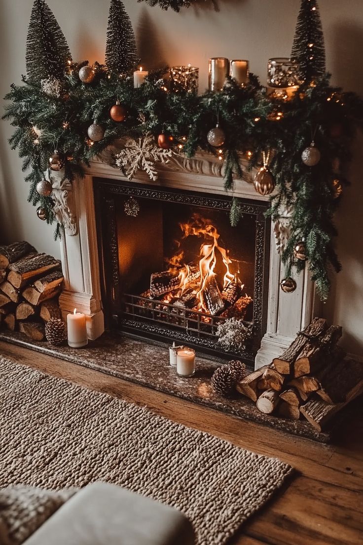 a fireplace decorated with christmas decorations and candles