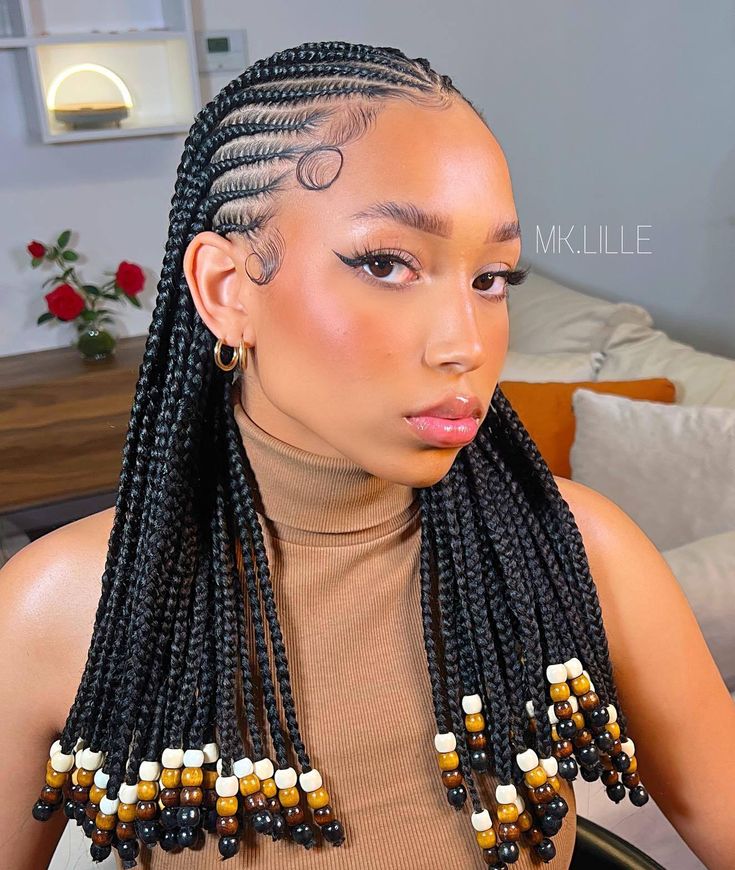 Image 1 of 1 Cornrow Braids Hairstyles, Styles For Black Hair, Small Cornrows, Cornrows With Beads, Half Cornrows, Ghana Braids Hairstyles, Latest Hair Braids, Cornrow Ponytail, Cornrows Braids For Black Women