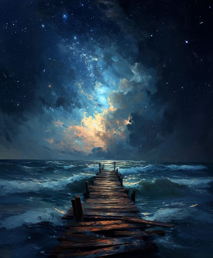 a painting of a pier in the ocean at night with stars and clouds above it