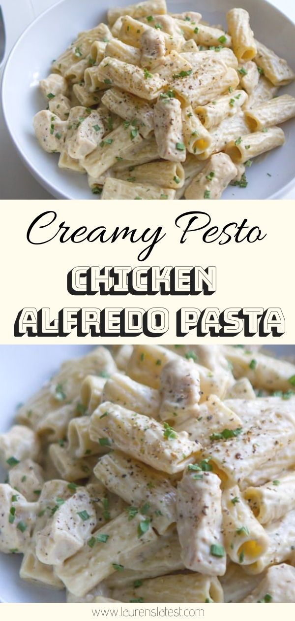 two pictures of chicken alfredo pasta and creamy pesto