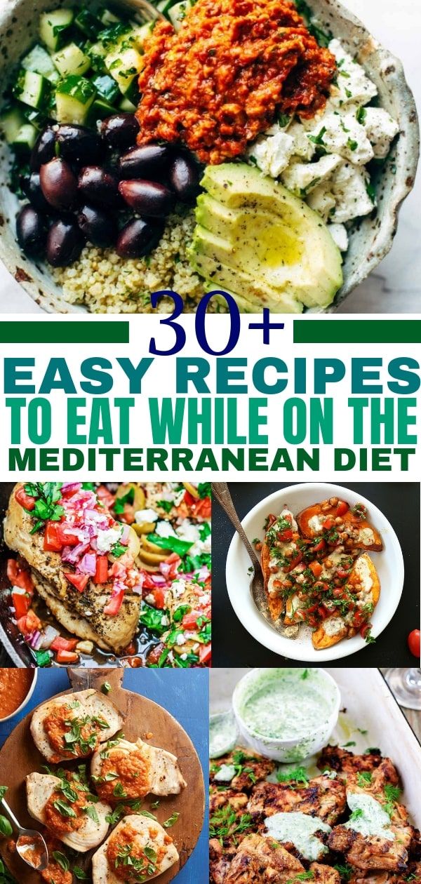 the cover of easy recipes to eat while on the mediterranean diet, with pictures of different foods