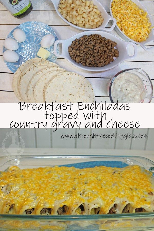 breakfast enchiladas are topped with corn, gravy and cheese