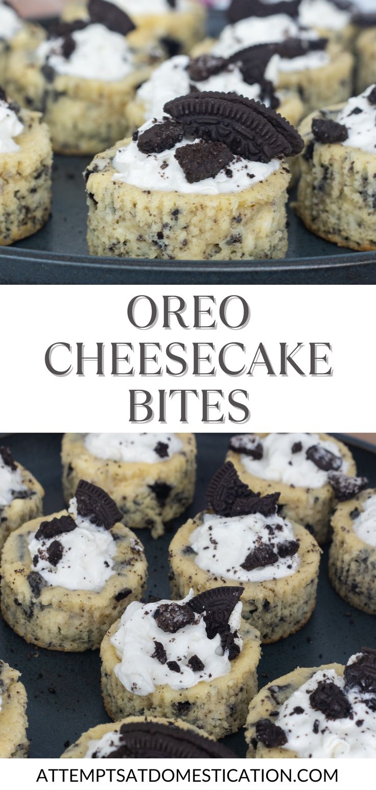 oreo cheesecake bites on a cookie sheet with white frosting and chocolate chips