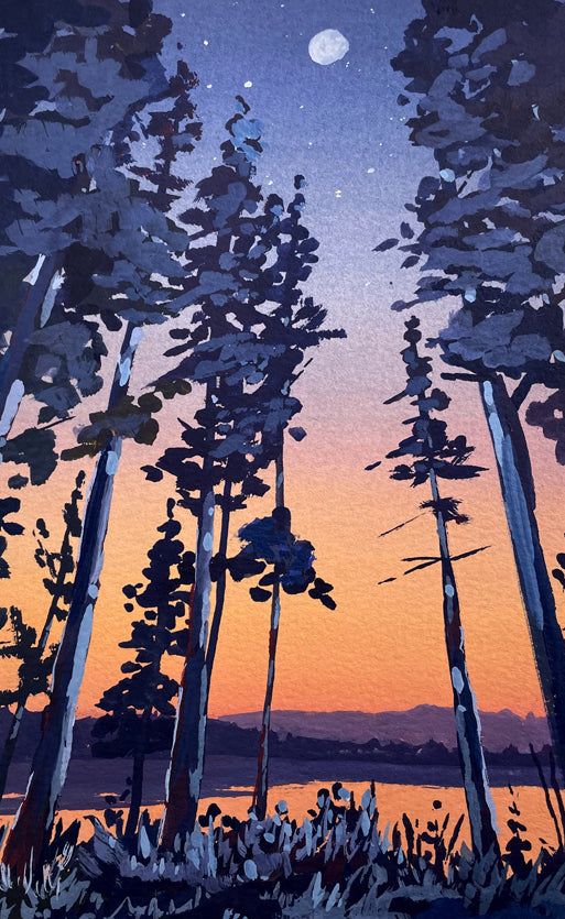 a painting of trees with the moon in the background