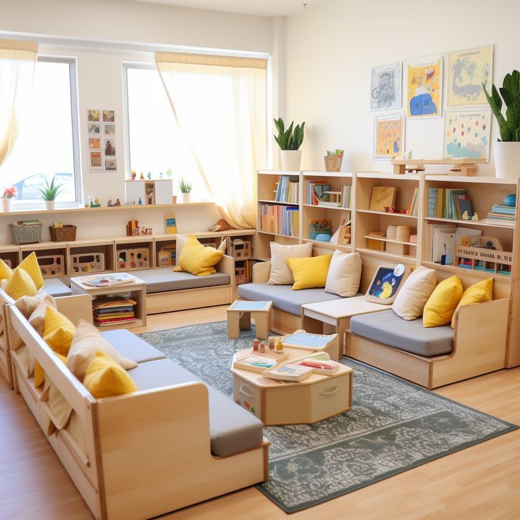 a living room filled with lots of furniture and bookshelves on top of hard wood floors