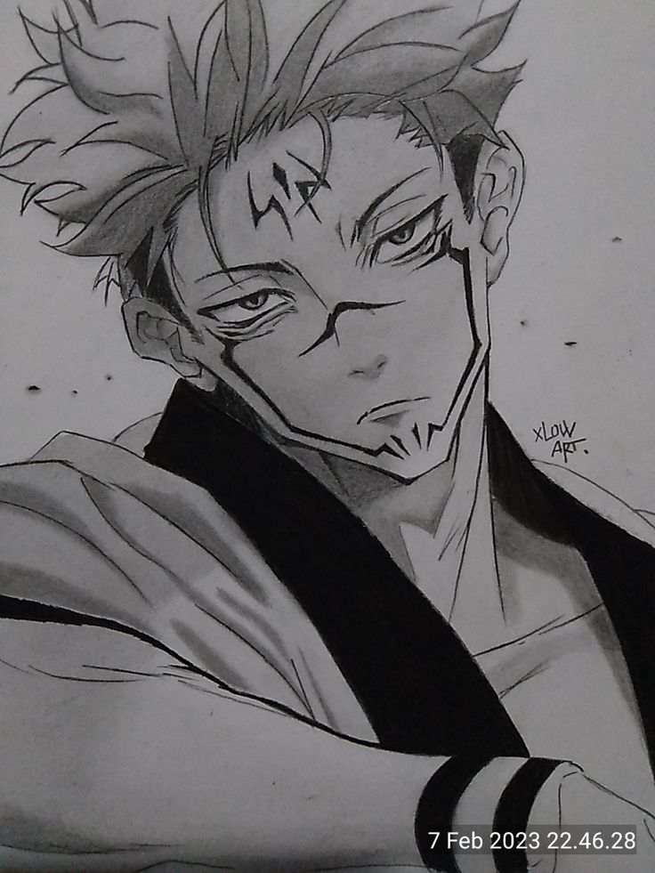 a drawing of an anime character with his hair blowing in the wind and eyes closed