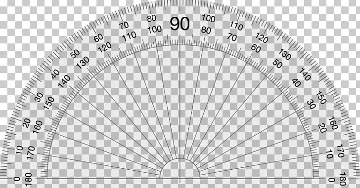 a circular protractor with the numbers on each side, and an arrow in the middle