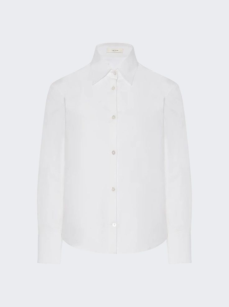 "Find THE ROW Frou Shirt on Editorialist. Petite button-up Cotton poplin Classic shirt hem French placket with mother-of-pearl buttons Dimensions: Model is 5'9\"/175cm and is wearing a size US4 Composition: 96% Cotton, 4% Elastane Care: Care according to label" Mother Of Pearl Buttons, Classic Shirt, Cotton Poplin, Top Brands, Button Up, The Row, White, Luxury Fashion, How To Wear