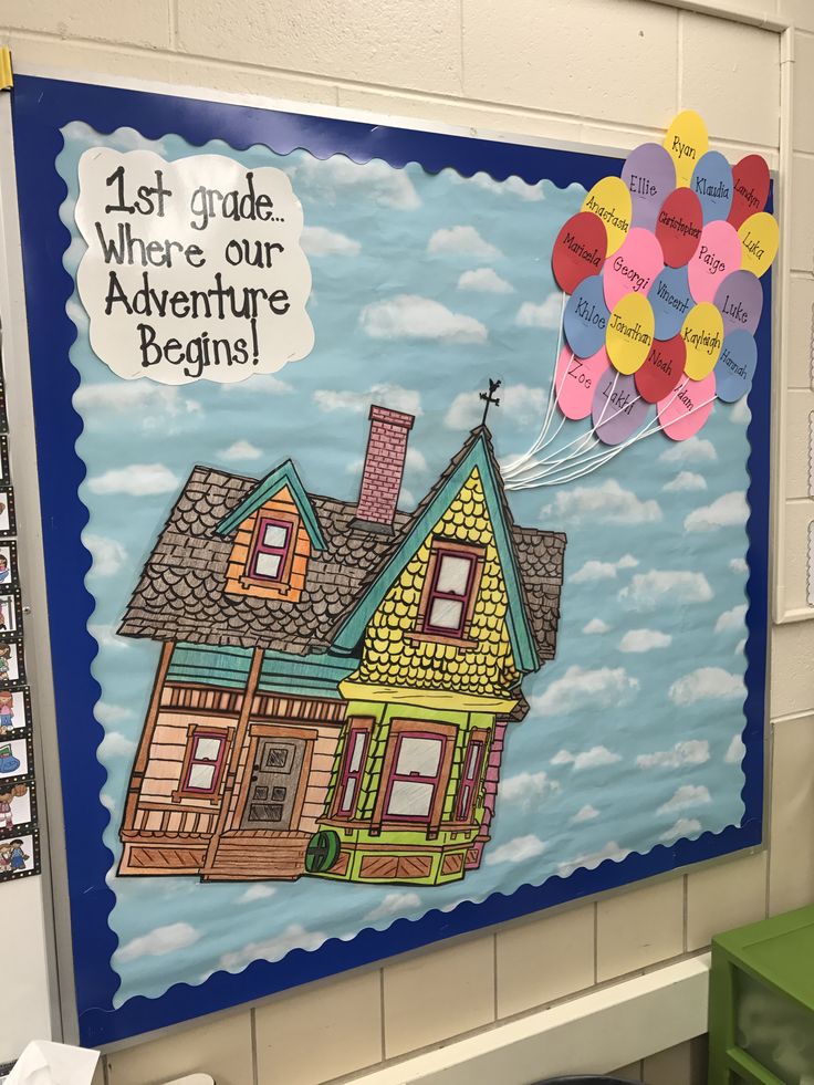 a bulletin board with a house and balloons attached to the front wall in a classroom